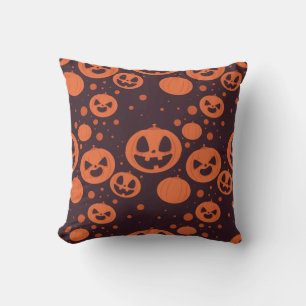 Funny Spooky Pumpkin Faces with Brown background Throw Pillow