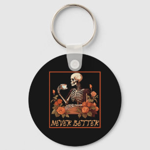 Funny Spooky Skeleton With Coffee And Flowers Hall Keychain