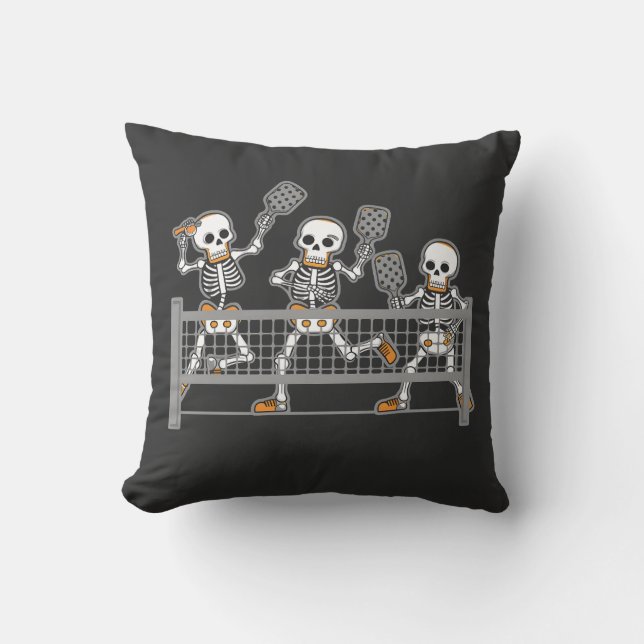 Funny Spooky Three Skeleton Playin Pickleball Gift Throw Pillow (Front)