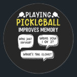 Funny Sports Pickleball Player Classic Round Sticker<br><div class="desc">Grab your Pickleball paddles and balls out the bag. Funny Pickle Ball Sport Design for everyone who loves the game and plays a set with a net outdoor.</div>