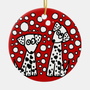 Funny Spotted Dogs with Hearts Ceramic Ornament