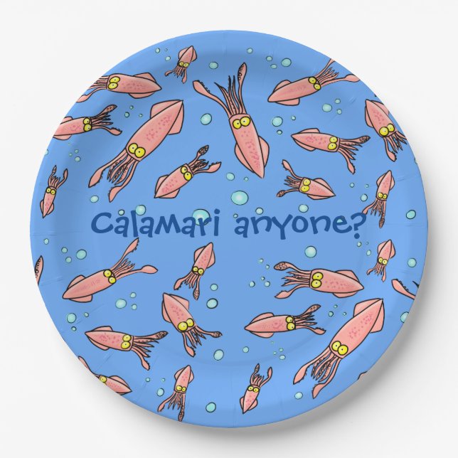 Funny squid school with bubbles cartoon paper plate (Front)