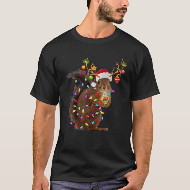 Funny Squirrel Christmas Reindeer Christmas Lights T-Shirt (Front)