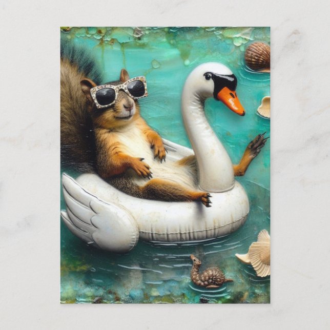 Funny Squirrel on a Floating Swan Postcard (Front)