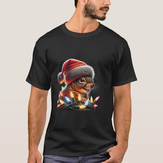 Funny Squirrel With Xmas Lights Santa Hat Christma T-Shirt (Front)