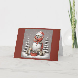 Funny Squirrels play in snow with Santa Squirrel Holiday Card