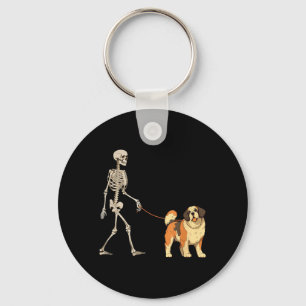 Funny St Bernard Skeleton Dog Walking Halloween Keychain