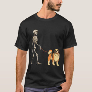 Funny St Bernard Skeleton Dog Walking Halloween T-Shirt