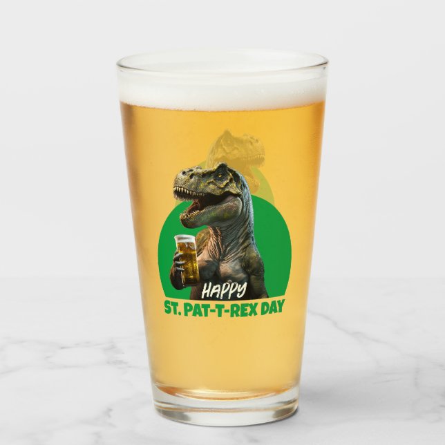Funny St. Pat-T-Rex Celebration Beer-Loving Dino Glass (Front Filled)