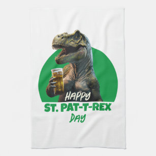 Funny St. Pat-T-Rex Celebration Beer-Loving Dino  Kitchen Towel