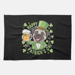 Funny St. Patrick’s Day Pug with Beer Mug Kitchen Towel