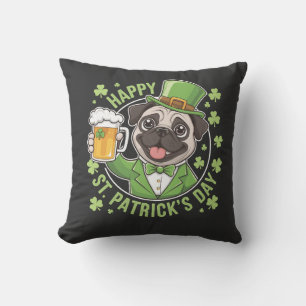 Funny St. Patrick�s Day Pug with Beer Mug Throw Pillow