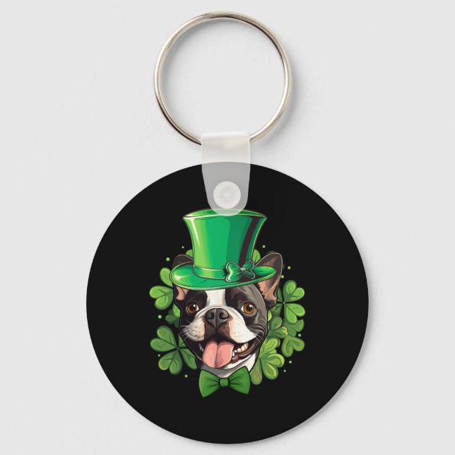 Funny St Patricks Boston Terrier  Keychain (Front)