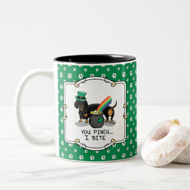 Funny St. Patrick's Day Dachshund (black & tan) Two-Tone Coffee Mug (With Donut)