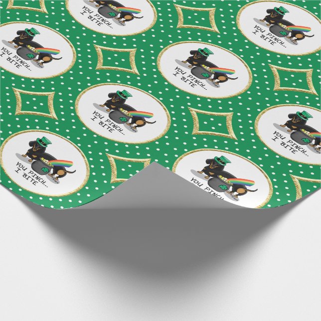 Funny St. Patrick's Day Dachshund (black & tan) Wrapping Paper (Corner)