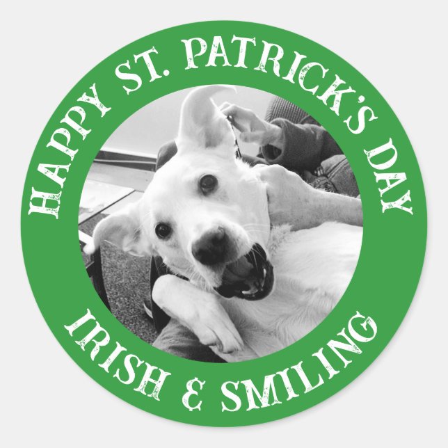 Funny St. Patrick's Day Irish and Smiling Dog Classic Round Sticker (Front)