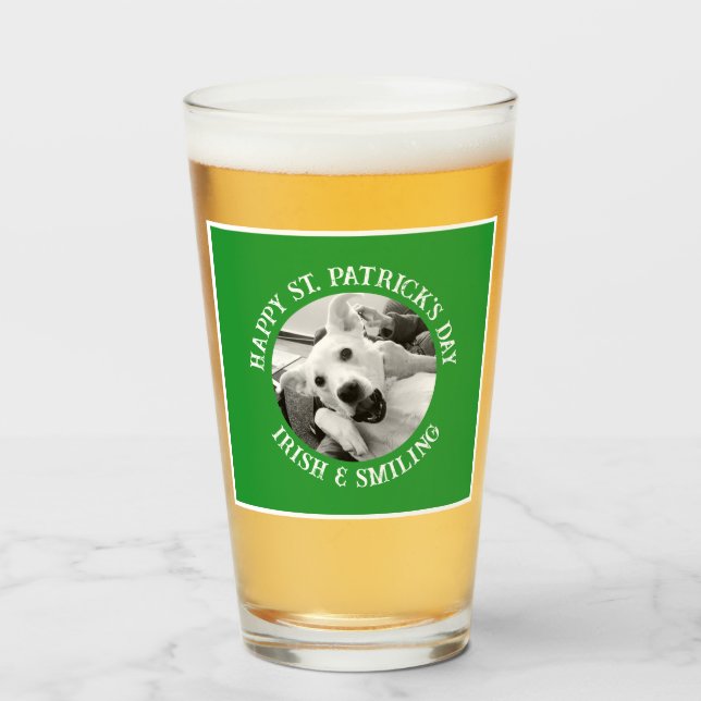 Funny St. Patrick's Day Irish and Smiling Dog Glass (Front Filled)