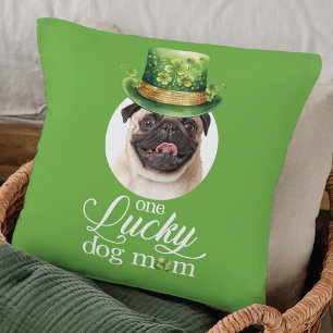Funny St Patrick's Day Lucky Dog Mom Custom Photo  Throw Pillow