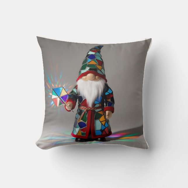 Funny Stained Glass Gnome: Catching the Light Throw Pillow (Front)