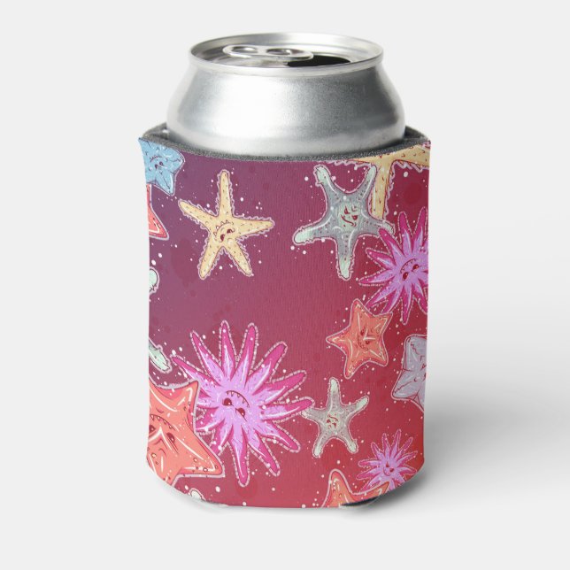 Funny Starfish in a colourful rainbow style patter Can Cooler (Can Back)