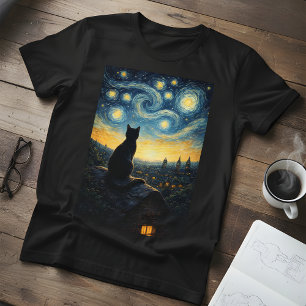 Funny Starry Night  Black Cat & Swirling Sky  T-Shirt