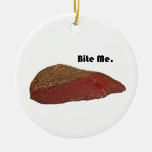 Funny Steak Cartoon, “Bite Me” Meat Pun Design Ceramic Ornament