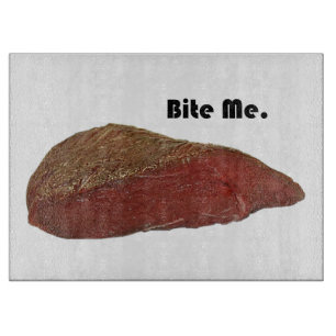 Funny Steak Cartoon, “Bite Me” Meat Pun Design Cutting Board