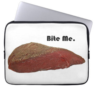 Funny Steak Cartoon, “Bite Me” Meat Pun Design Laptop Sleeve