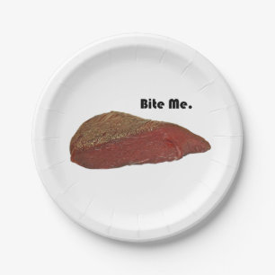 Funny Steak Cartoon, “Bite Me” Meat Pun Design Paper Plate