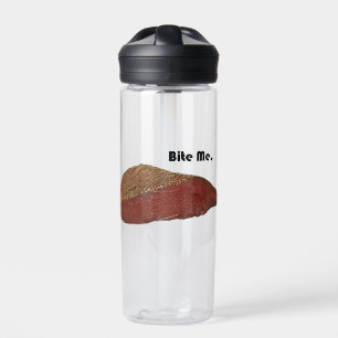 Funny Steak Cartoon, “Bite Me” Meat Pun Design Water Bottle