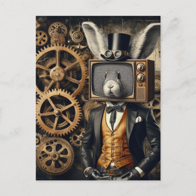 Funny Steampunk Rabbit With TV Head Postcard (Front)