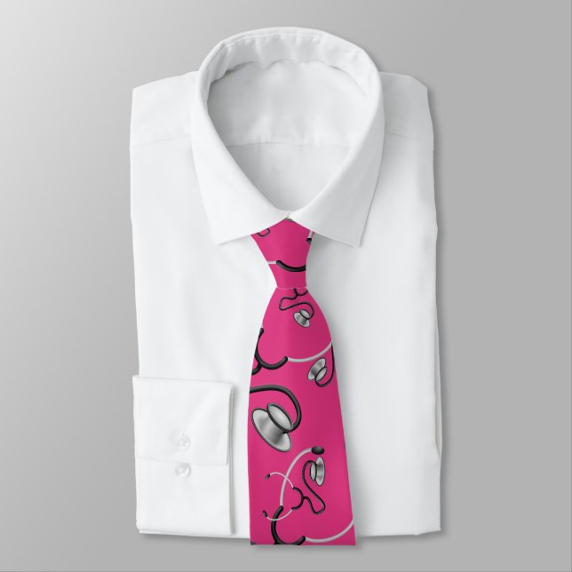 Funny stethoscopes for doctors on deep pink tie (Tied)