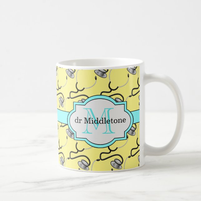 Funny stethoscopes for doctors on yellow name coffee mug (Right)