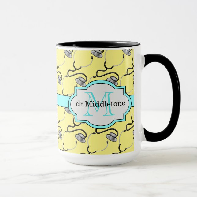 Funny stethoscopes for doctors on yellow name mug (Right)