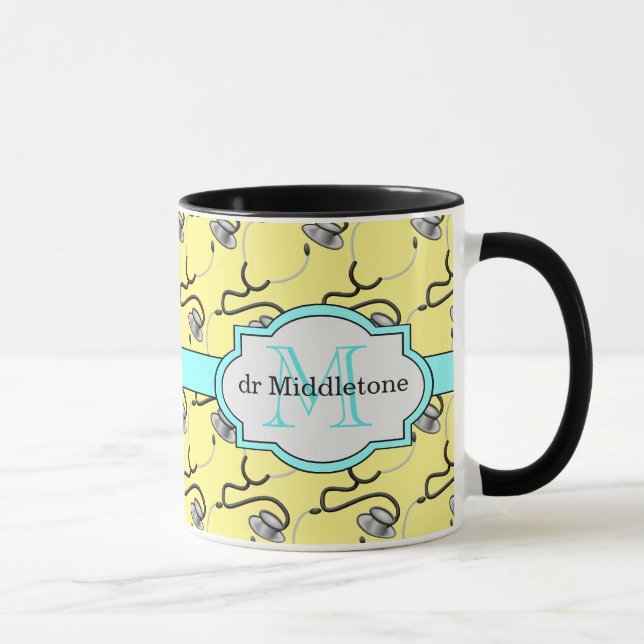 Funny stethoscopes for doctors on yellow name mug (Right)