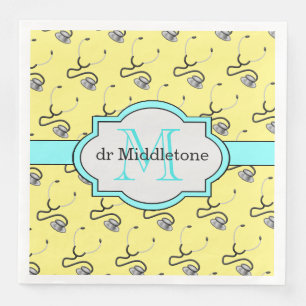 Funny stethoscopes for doctors on yellow name napkin