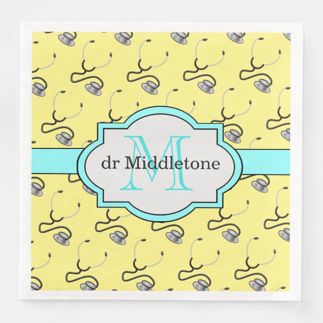 Funny stethoscopes for doctors on yellow name napkin (Front)