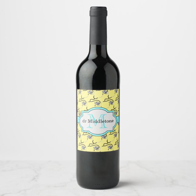 Funny stethoscopes for doctors on yellow name wine label (Front)
