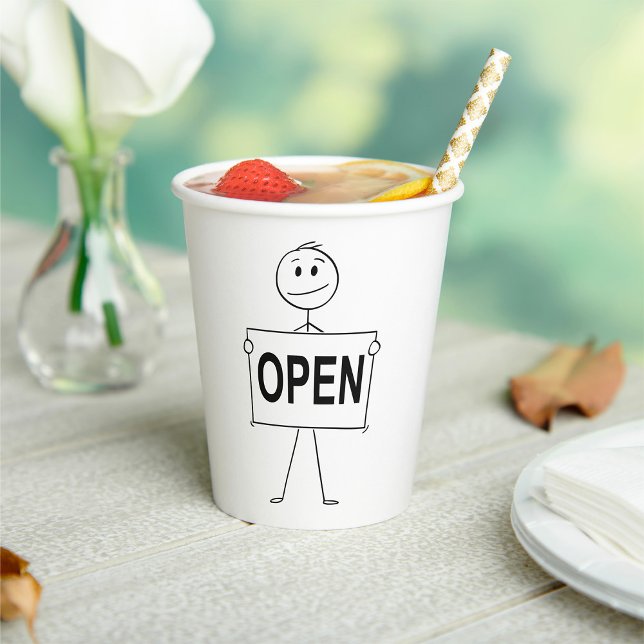 Funny Stick Figure Holding Open Sign  Paper Cups (Creator Uploaded)