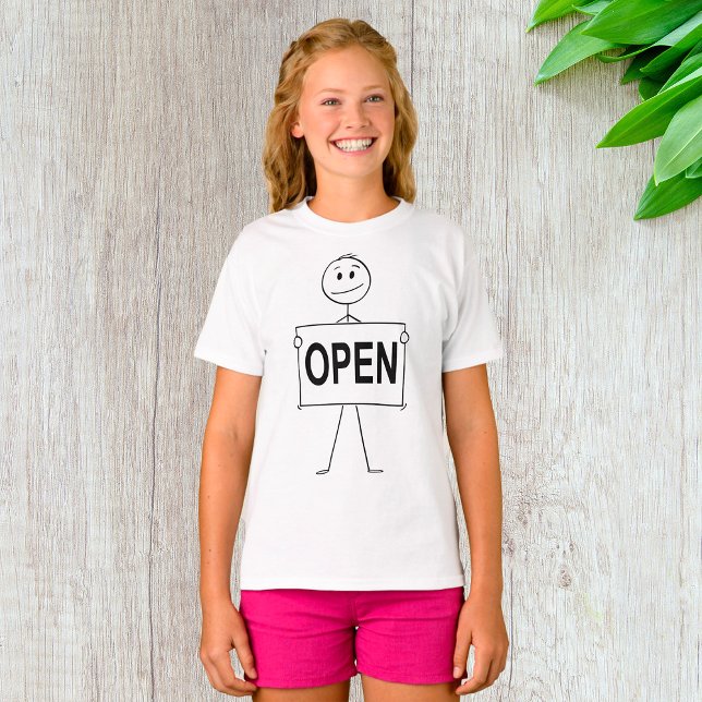 Funny Stick Figure Holding Open Sign  T-Shirt (Creator Uploaded)