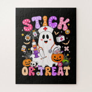 Funny Stick Or Treat Cute Nurse Ghost Halloween Jigsaw Puzzle