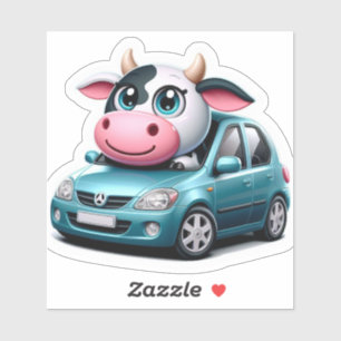 Funny sticker Cow in a car