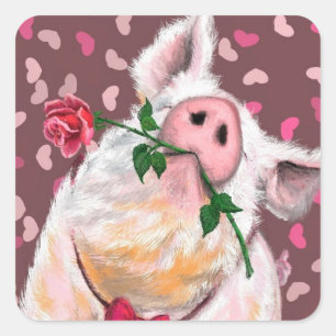 Funny Sticker Gentleman Pig with Rose - Love