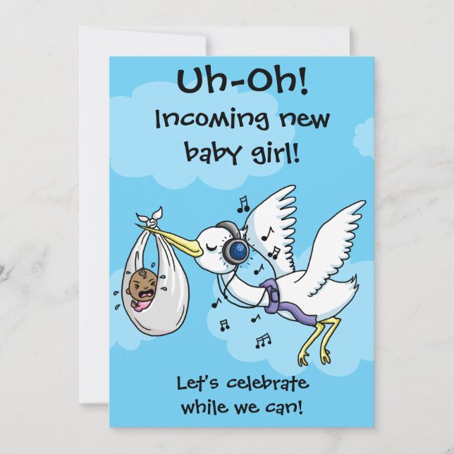 Funny stork and screaming baby shower card (Front)