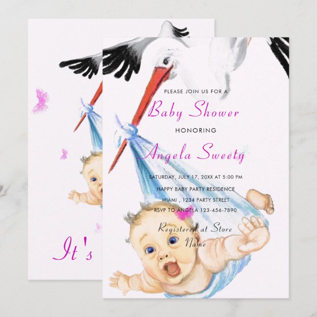 Funny Stork Carrying Baby Girl Shower Invitation (Front/Back)