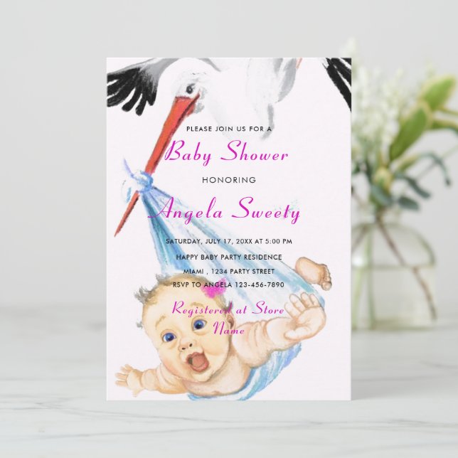 Funny Stork Carrying Baby Girl Shower Invitation (Standing Front)