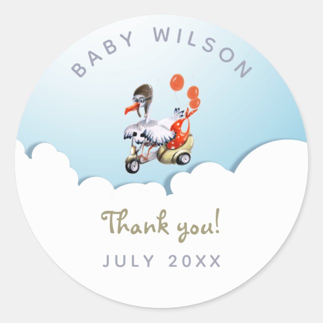 Funny Stork Gender Neutral Pregnancy Thank You Classic Round Sticker (Front)