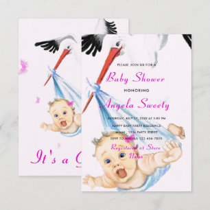 Funny Stork portant bébé fille douche Invitation