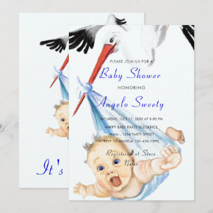 Funny Stork portant bébé garçon douche Invitation