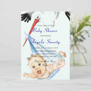 Funny Stork portant bébé garçon douche Invitation